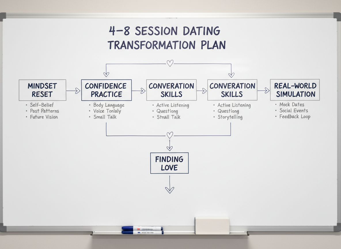 A minimalist whiteboard wall in a contemporary coaching space, filled with cleanly handwritten flowcharts and bullet points in muted gray and soft navy marker, outlining a “4–8 Session Dating Transformation Plan.” The steps—“Mindset Reset,” “Confidence Practice,” “Conversation Skills,” and “Real-World Simulation”—are connected by precise arrows and small heart-outline icons. At the bottom edge of the frame, a slim aluminum marker tray holds neatly aligned markers and a microfiber eraser. Neutral, diffused overhead lighting creates a consistent, shadow-free look that emphasizes clarity and structure. Photographed straight-on with symmetrical framing and sharp focus, the scene feels analytical yet warm, embodying a heart-centered but corporate approach to practical dating strategy.