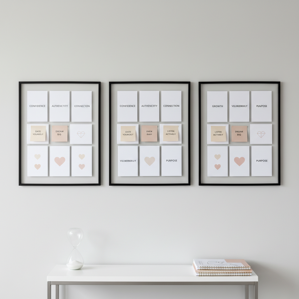 A set of three structured vision boards mounted on a smooth, pale gray wall in a minimalist coaching studio, each framed in thin matte black metal. The boards display neatly arranged printed cards with keywords like “Confidence,” “Authenticity,” and “Connection,” accented by soft beige and muted blush sticky notes and geometric heart icons. Beneath them, a narrow white console table holds a sleek sand timer and a stack of orderly coaching workbooks. Soft studio lighting from above creates even illumination and subtle shadows under the frames, enhancing the clean lines. Captured straight-on with sharp focus throughout, the composition is balanced and corporate in feel, conveying strategy, clarity, and heart-centered planning in dating coaching.
