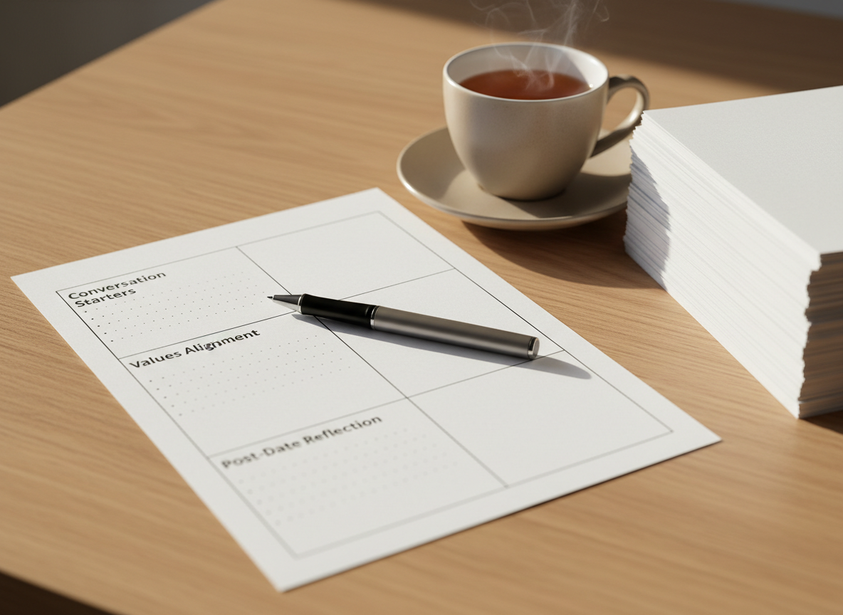 A close-up of a structured dating coaching worksheet on a smooth, light oak table, the paper bright white with carefully designed sections titled “Conversation Starters,” “Values Alignment,” and “Post-Date Reflection.” A fine-point gray pen rests diagonally across the page, while neatly stacked additional worksheets form a precise column to the side. A neutral ceramic cup of herbal tea sits on a matching saucer, adding calm warmth. Soft afternoon light enters from the left, creating delicate shadows of the pen and cup, emphasizing texture and edges. Shot from a slightly elevated angle with a shallow depth of field, the focus remains on the worksheet text, while the table edges blur gently. The mood is focused and reassuring, with a clean, modern, photographic aesthetic aligned to professional, structured dating coaching.