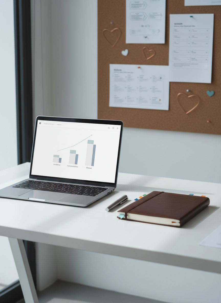 A neatly arranged white desk in a modern coaching office, featuring an open silver laptop displaying a clean, minimalist dashboard with graphs labeled “Confidence,” “Communication,” and “Mindset.” Beside it lies a structured leather notebook with color-coded tabs and a weighted metal pen aligned parallel to its spine. In the background, a soft-focus corkboard shows neatly pinned printed session roadmaps and subtle heart-shaped line icons. Cool, diffused daylight filters through a large unseen window, casting gentle, linear shadows that emphasize clean lines and order. Shot at eye level with a slight three-quarter angle, the composition follows the rule of thirds, creating a calm, professional atmosphere. Photographic realism with a corporate, neutral-toned aesthetic supports the idea of organized, strategic dating coaching.