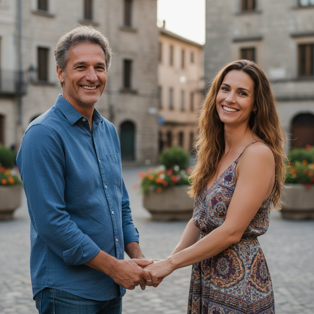 A 45-year-old guy holding hands with a 35-year-old girl, both smiling and standing together